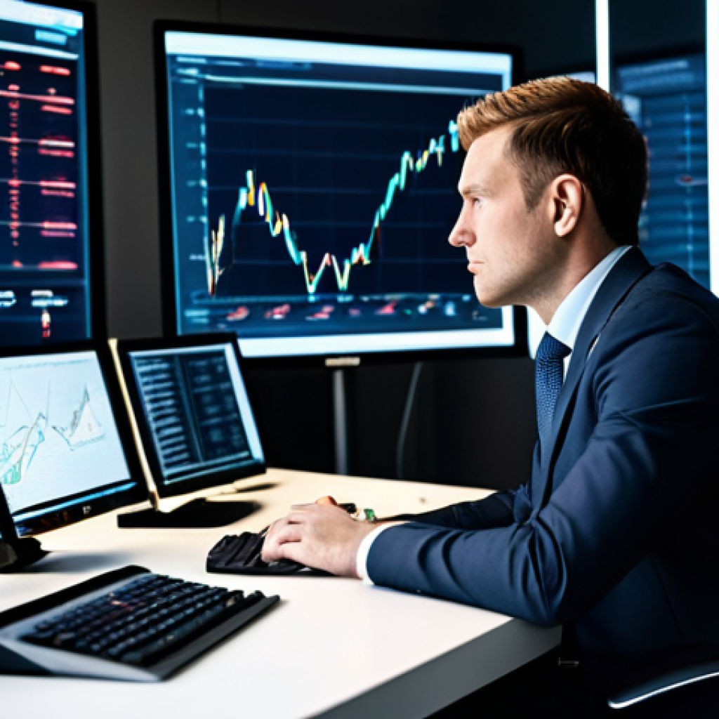 A professional financial analyst, fully clothed in a modest business suit, sits focused at a sleek desk in a modern, well-lit office. Large, transparent display screens in front of them show intricate financial charts, glowing data streams, and predictive models powered by artificial intelligence. The analyst looks thoughtfully at the data, a subtle expression of strategic insight. The environment is clean and organized, conveying technological sophistication and a forward-looking approach to investment. Perfect anatomy, correct proportions, natural pose, well-formed hands, proper finger count, natural body proportions. Safe for work, appropriate content, fully clothed, professional, high quality, cinematic lighting.