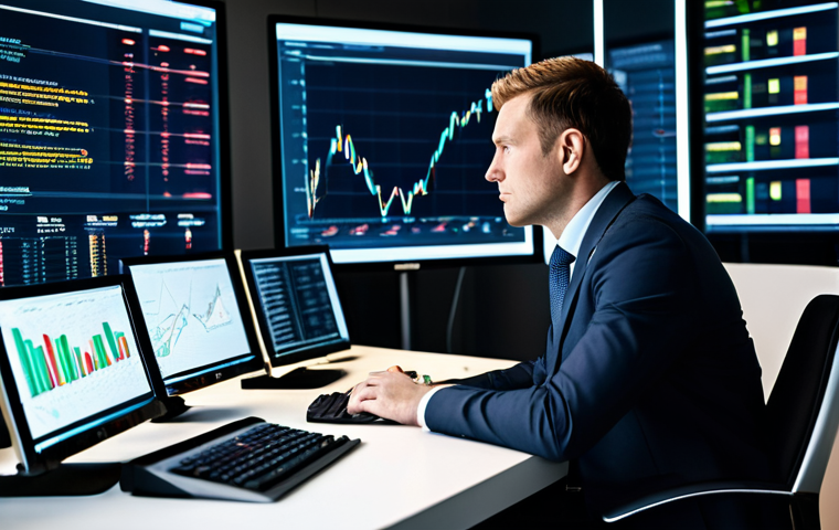 A professional financial analyst, fully clothed in a modest business suit, sits focused at a sleek desk in a modern, well-lit office. Large, transparent display screens in front of them show intricate financial charts, glowing data streams, and predictive models powered by artificial intelligence. The analyst looks thoughtfully at the data, a subtle expression of strategic insight. The environment is clean and organized, conveying technological sophistication and a forward-looking approach to investment. Perfect anatomy, correct proportions, natural pose, well-formed hands, proper finger count, natural body proportions. Safe for work, appropriate content, fully clothed, professional, high quality, cinematic lighting.