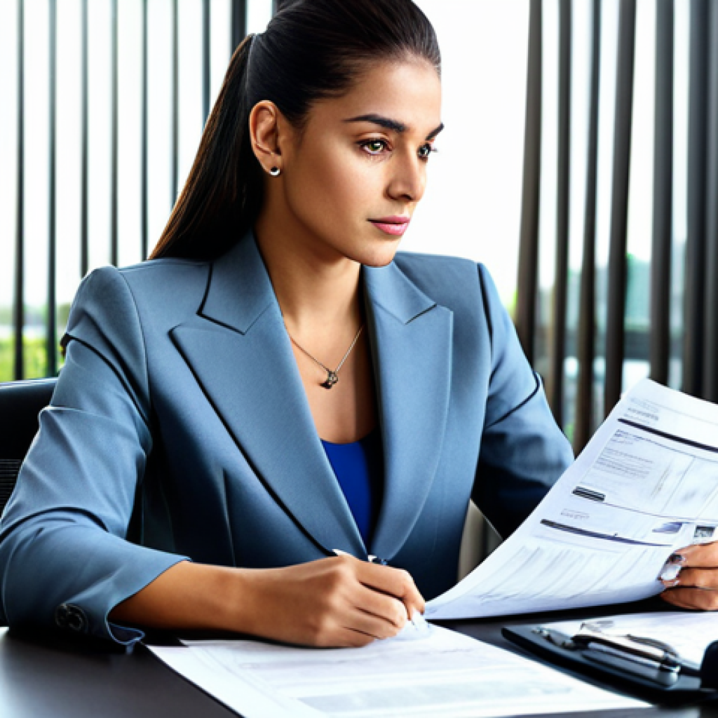 **

"A professional businesswoman in a modest business suit, sitting at a desk in a modern office, reviewing financial documents, fully clothed, appropriate attire, safe for work, perfect anatomy, natural proportions, professional photography, high quality, Brazil-themed decor subtly in the background."

**