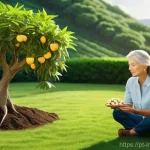 배당 성장 투자 시기와 시장 타이밍 - A serene and disciplined investor, a middle-aged woman, calmly tending to a lush, thriving financial...