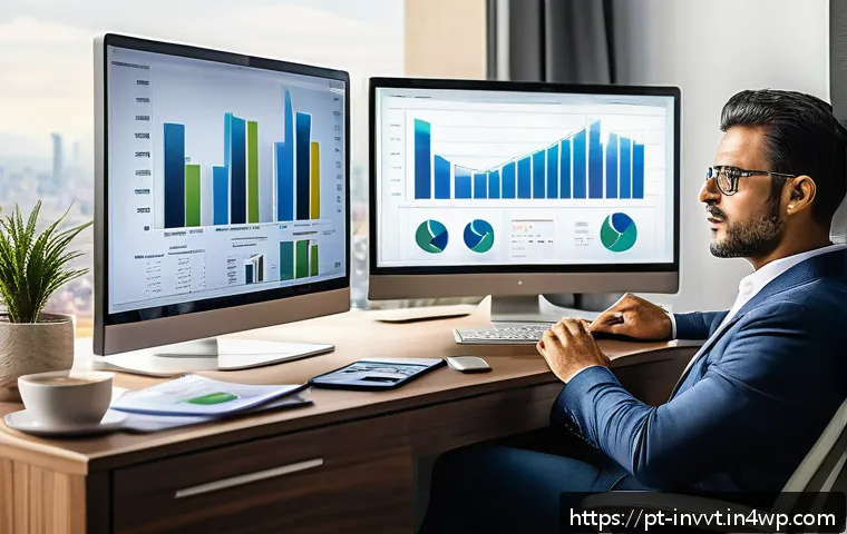 배당 성장 투자에 대한 개인적인 경험 공유 - A modern home office setting with a confident Brazilian investor reviewing financial charts and divi...