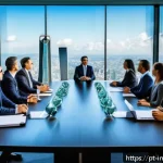 배당 성장 투자와 기술 혁신의 관계 - A modern Brazilian corporate boardroom scene showing a diverse group of executives and investors eng...