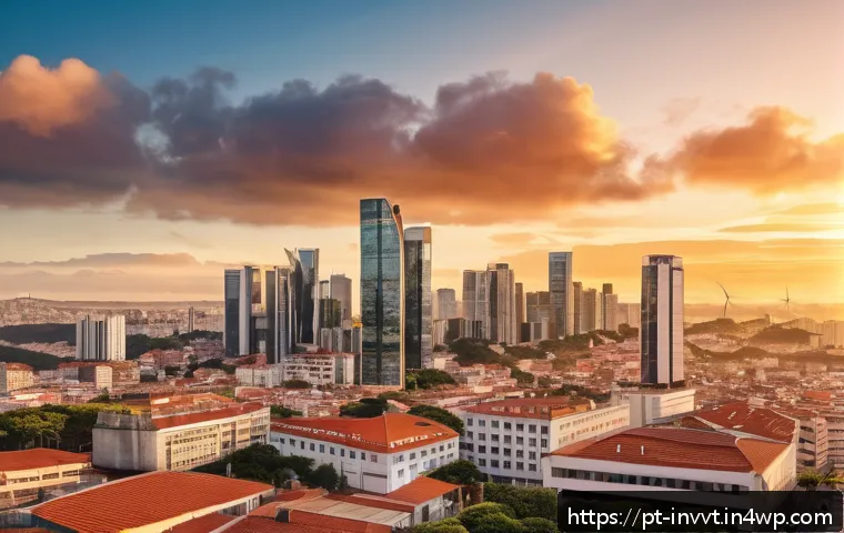 배당 성장을 위한 산업별 분석 - A modern Brazilian cityscape at sunset featuring tall office buildings with illuminated windows, hig...