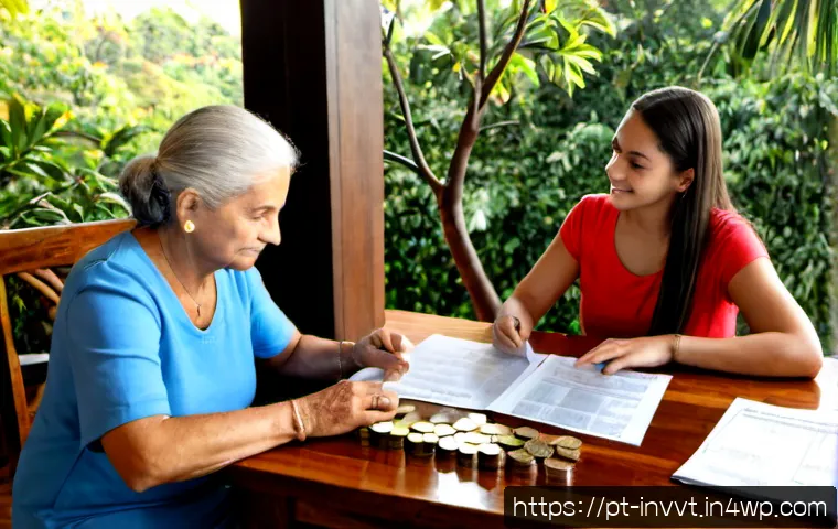 Home 17 배당 성장 투자의 역사와 발전 - Photorealistic historical investment scene in Brazil, an elderly Brazilian couple and their adult da...